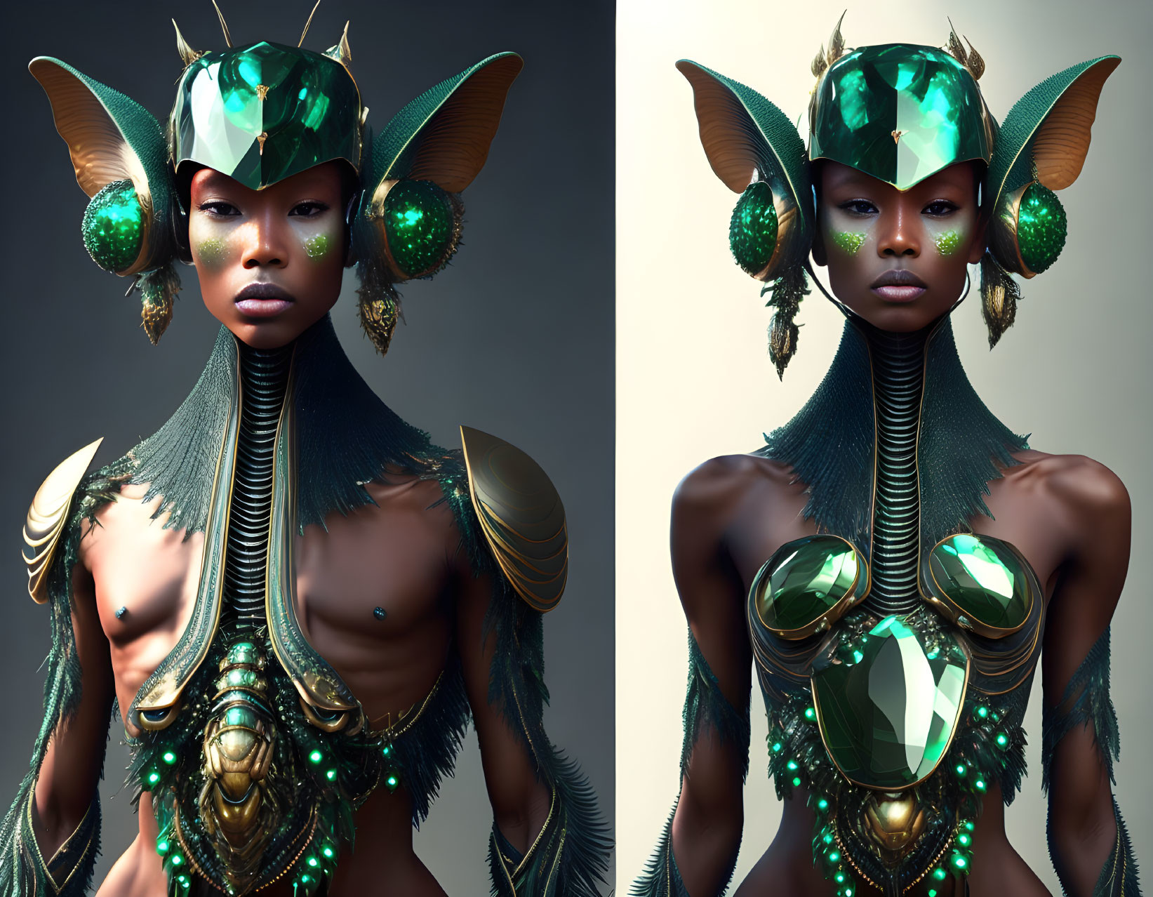 Digital artwork: Individual in gemstone armor & mystical headdress.