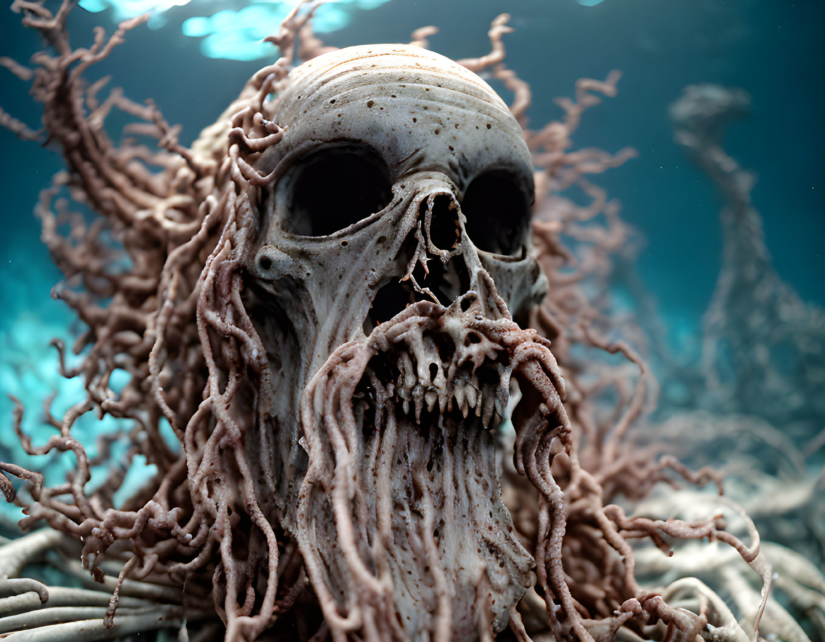 Skull surrounded by tentacles in underwater setting