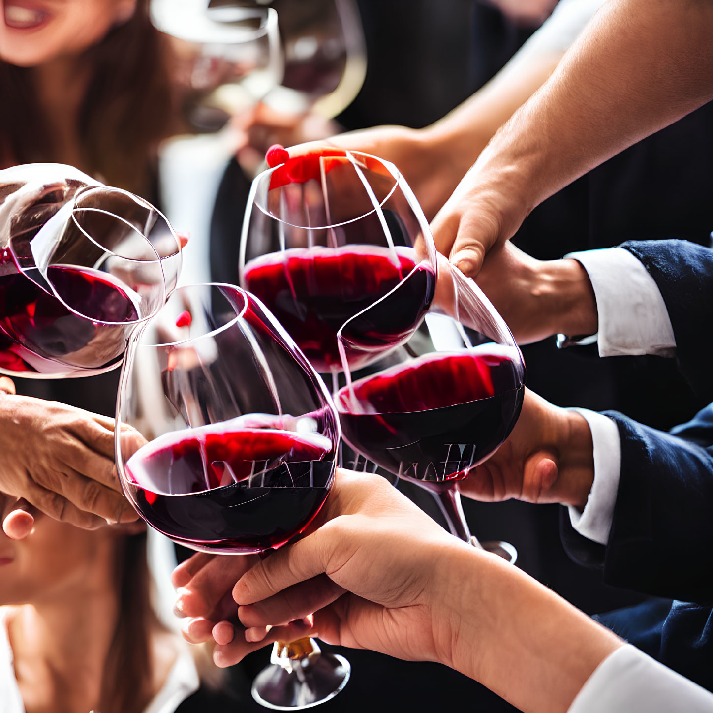 Group of People Clinking Red Wine Glasses in Social Setting