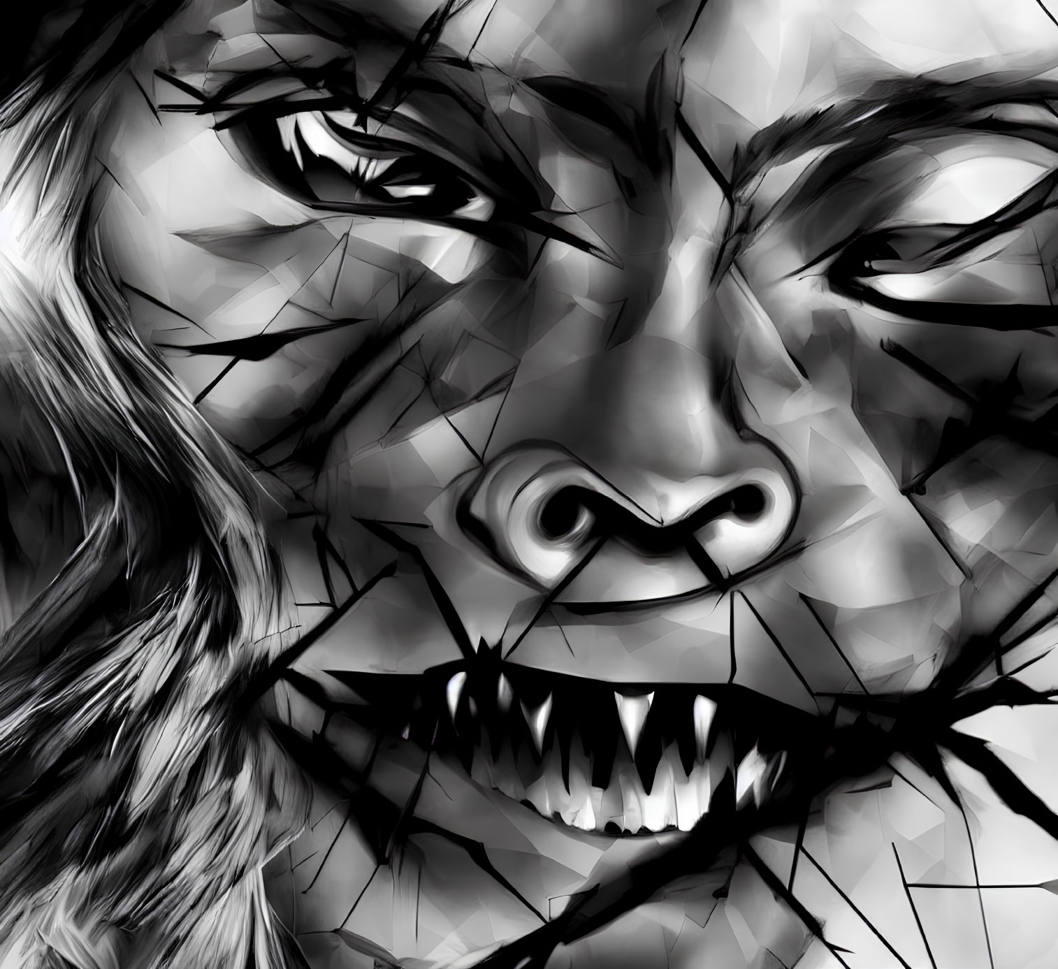 Dramatic monochromatic close-up of intense snarling face