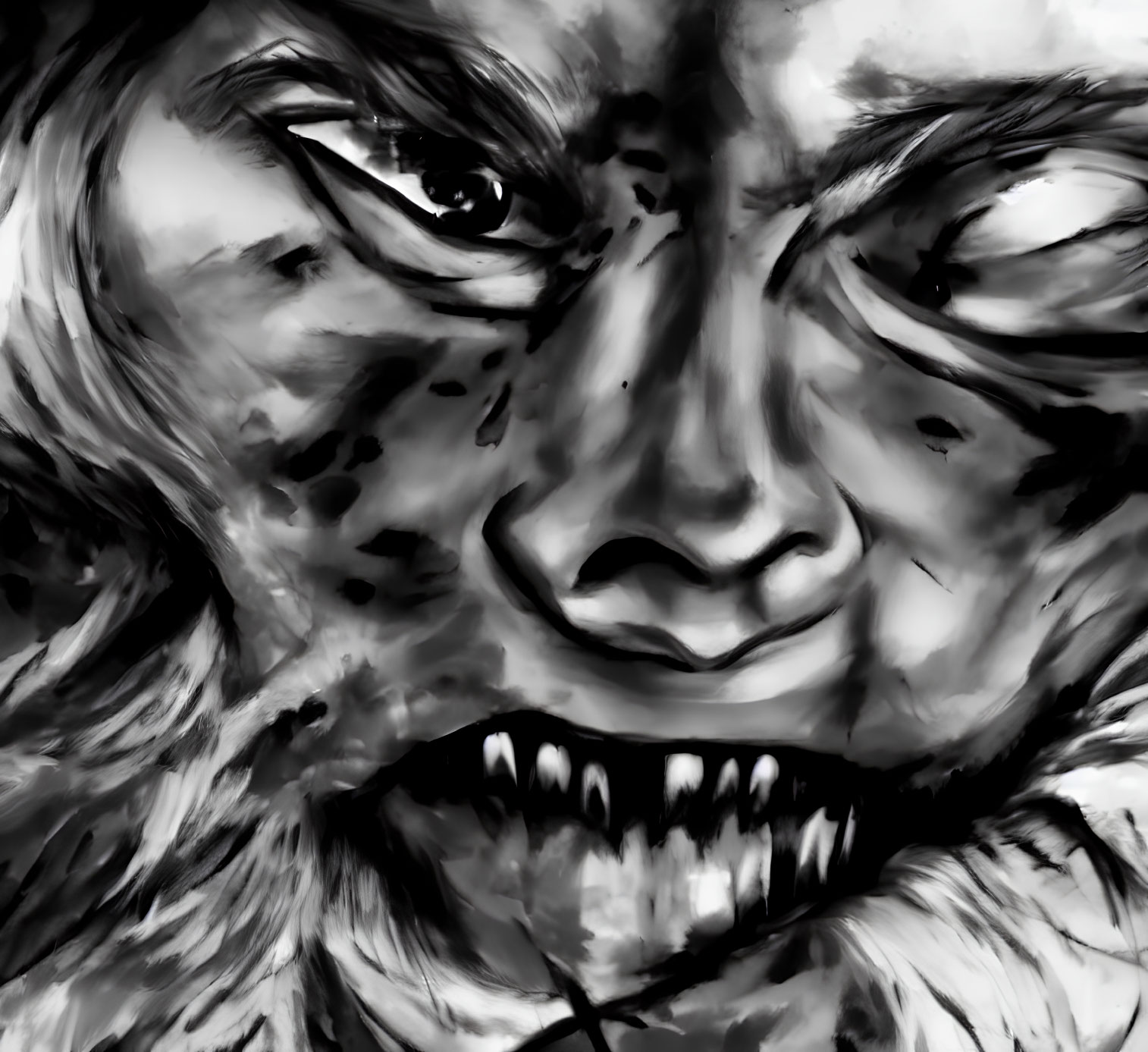 Monochrome illustration of fierce, snarling face with menacing eyes and sharp teeth