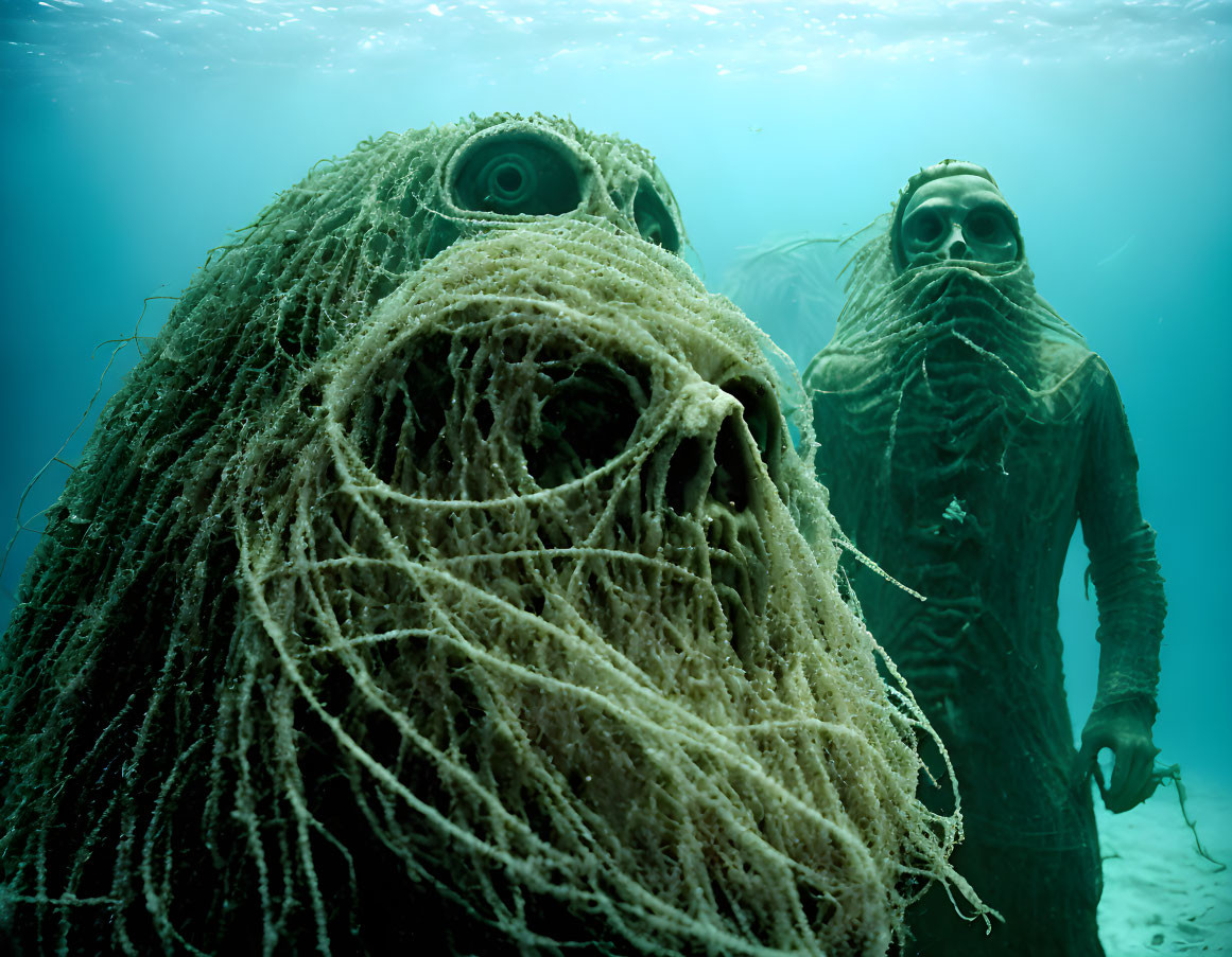 Eerie humanoid figures in textured material underwater scene