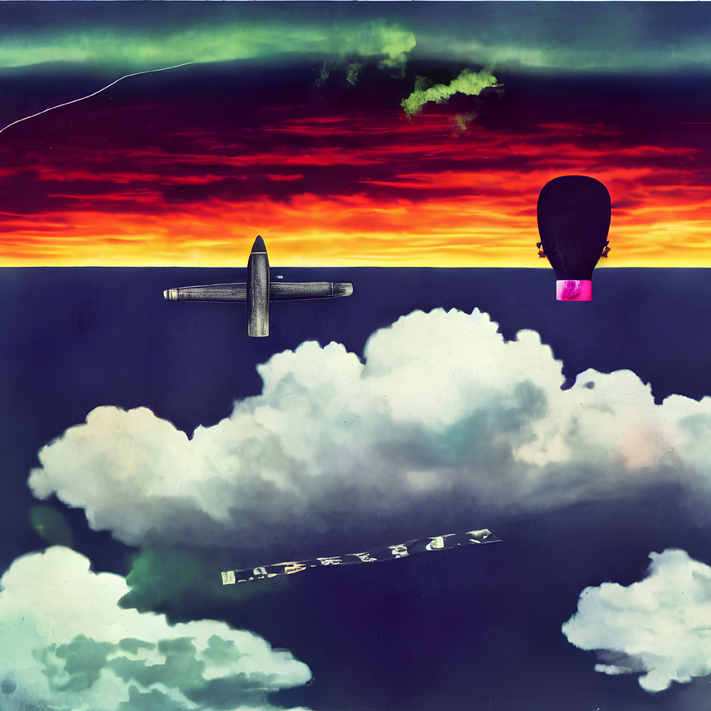 Surreal artwork of split sky dreamscape with flying elements