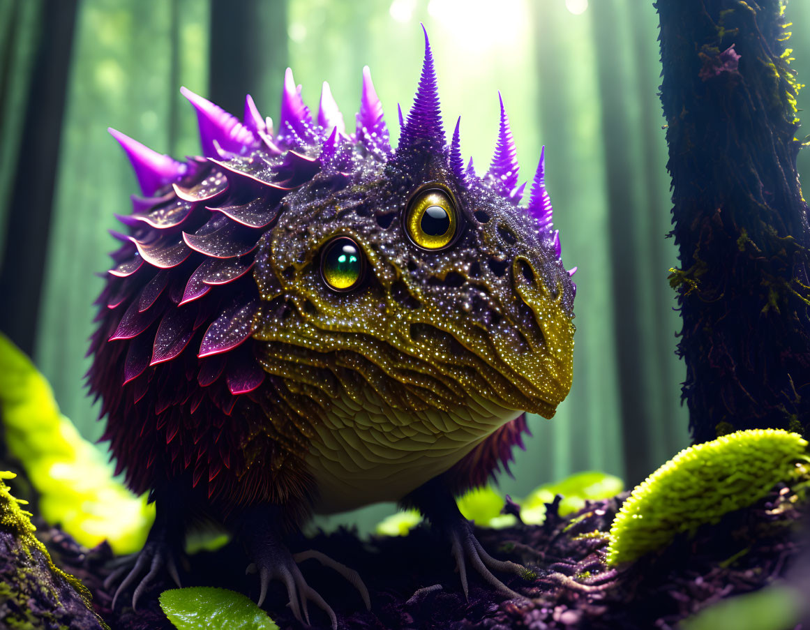 Fantastical creature with yellow eyes, purple armor, and glistening scales in mystical forest