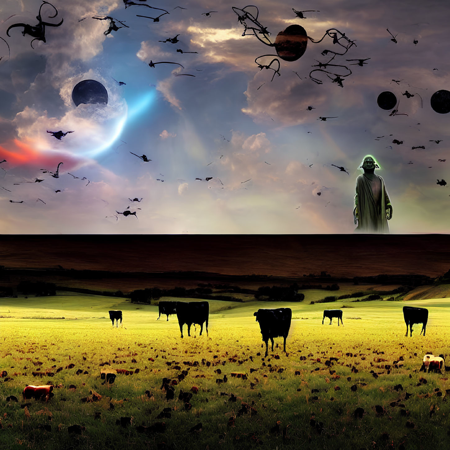 Surreal landscape with grazing cows, giant cloaked figure, and celestial sky