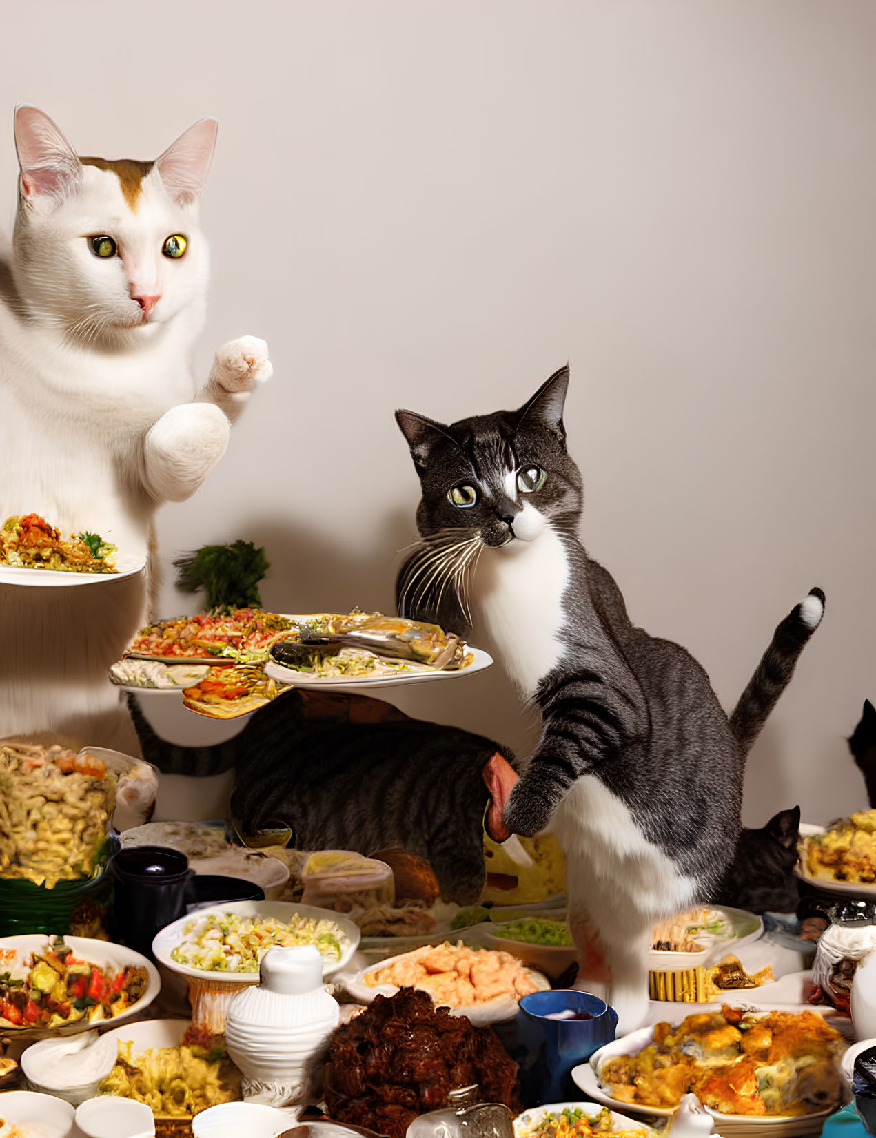 Cats in human-like postures dining at a whimsical feast