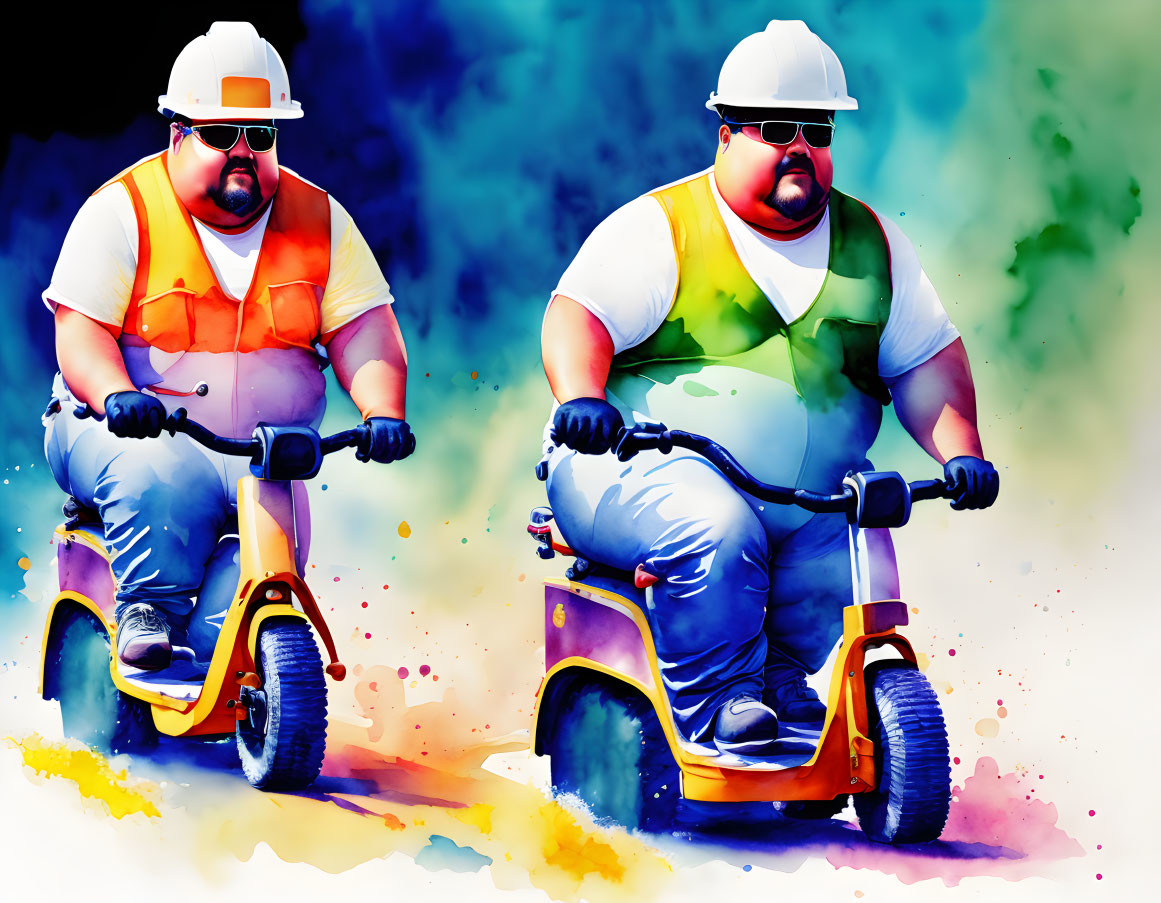 Cartoon plumbers on scooters with abstract watercolor background