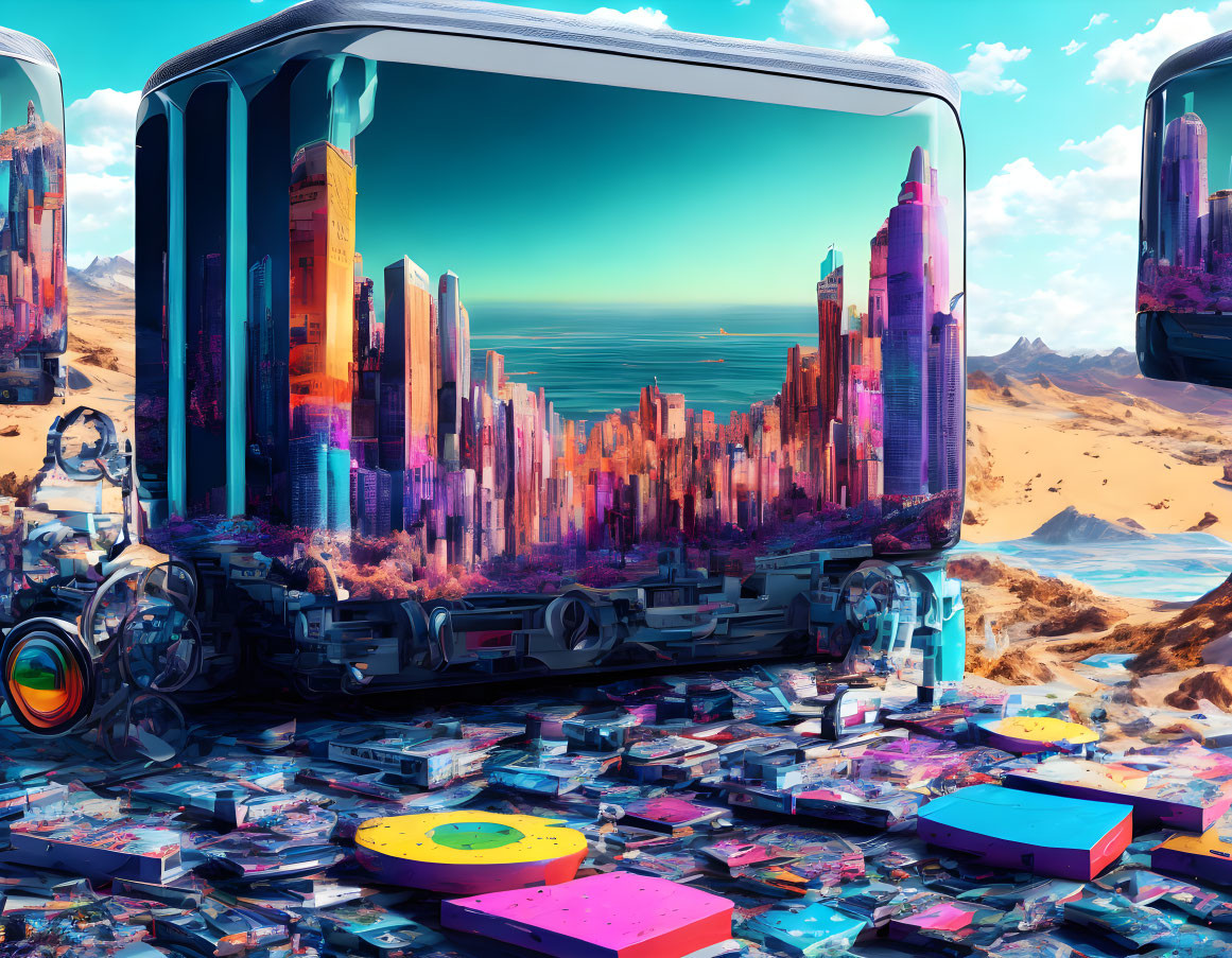 Futuristic cityscape in glass container on wheels in desert with data discs