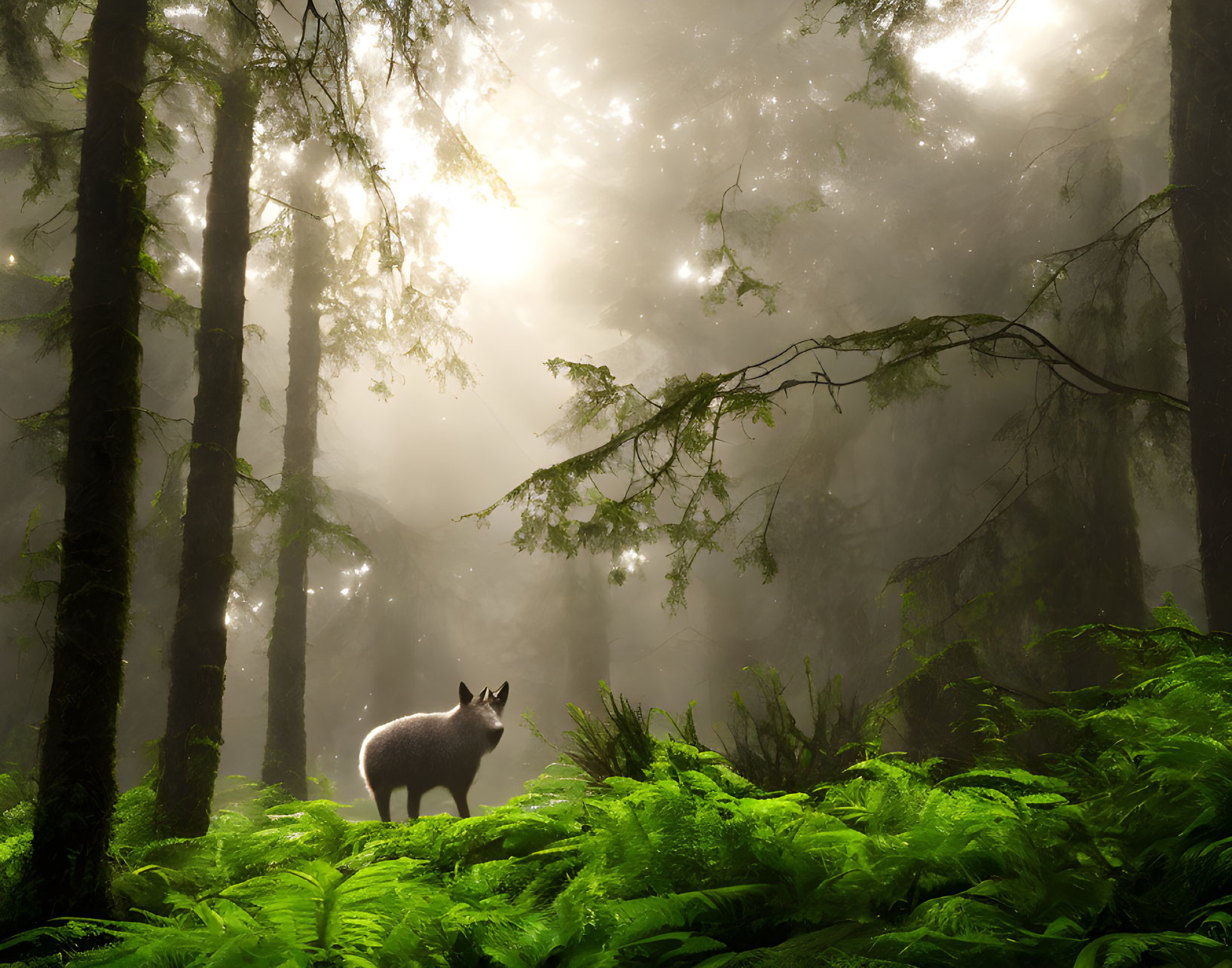 Mystical forest scene with lone fox in lush greenery