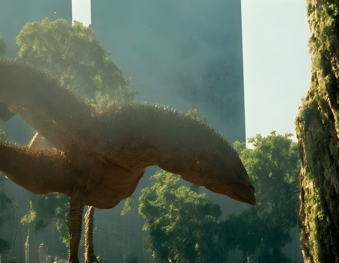 Enormous dinosaur in urban ruins with towering structures and dense foliage