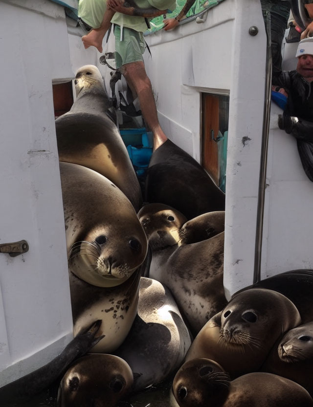 Seals Packed on Boat with Curious Onlookers