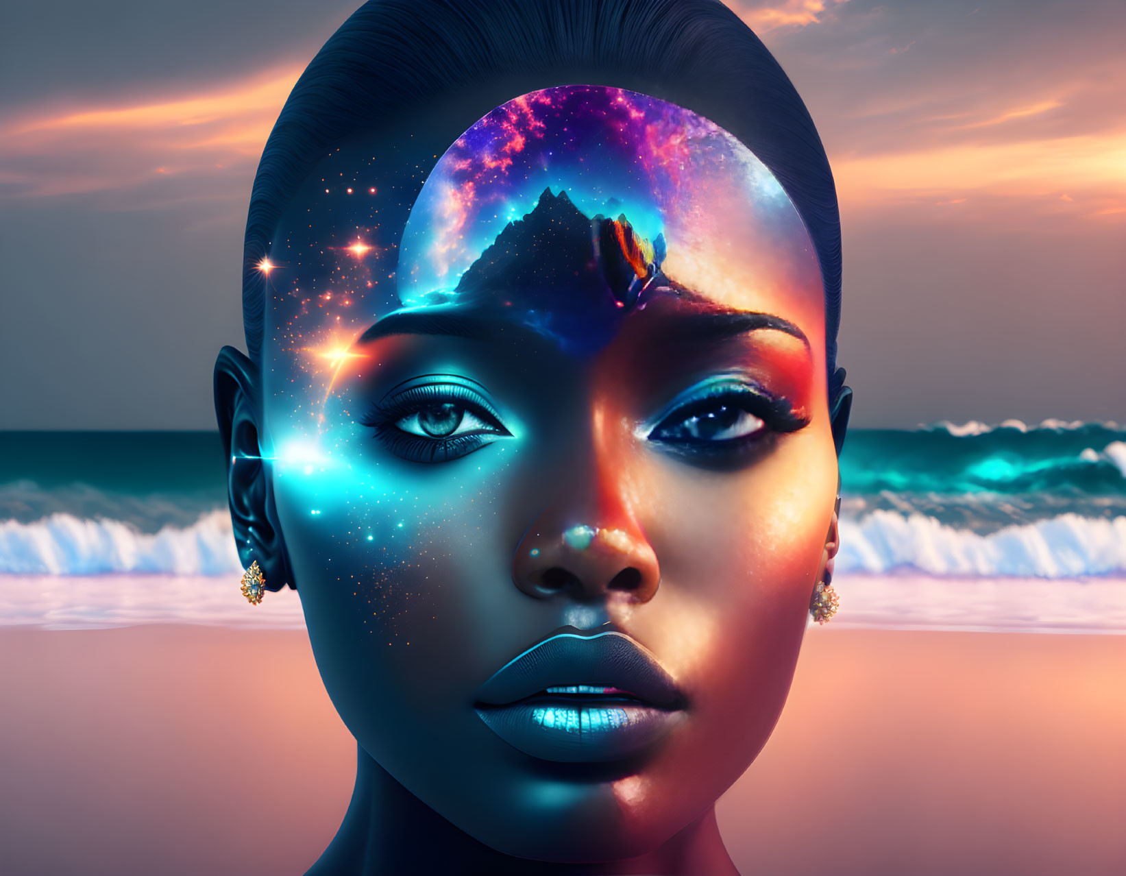 Cosmic-themed woman portrait with ocean sunset backdrop
