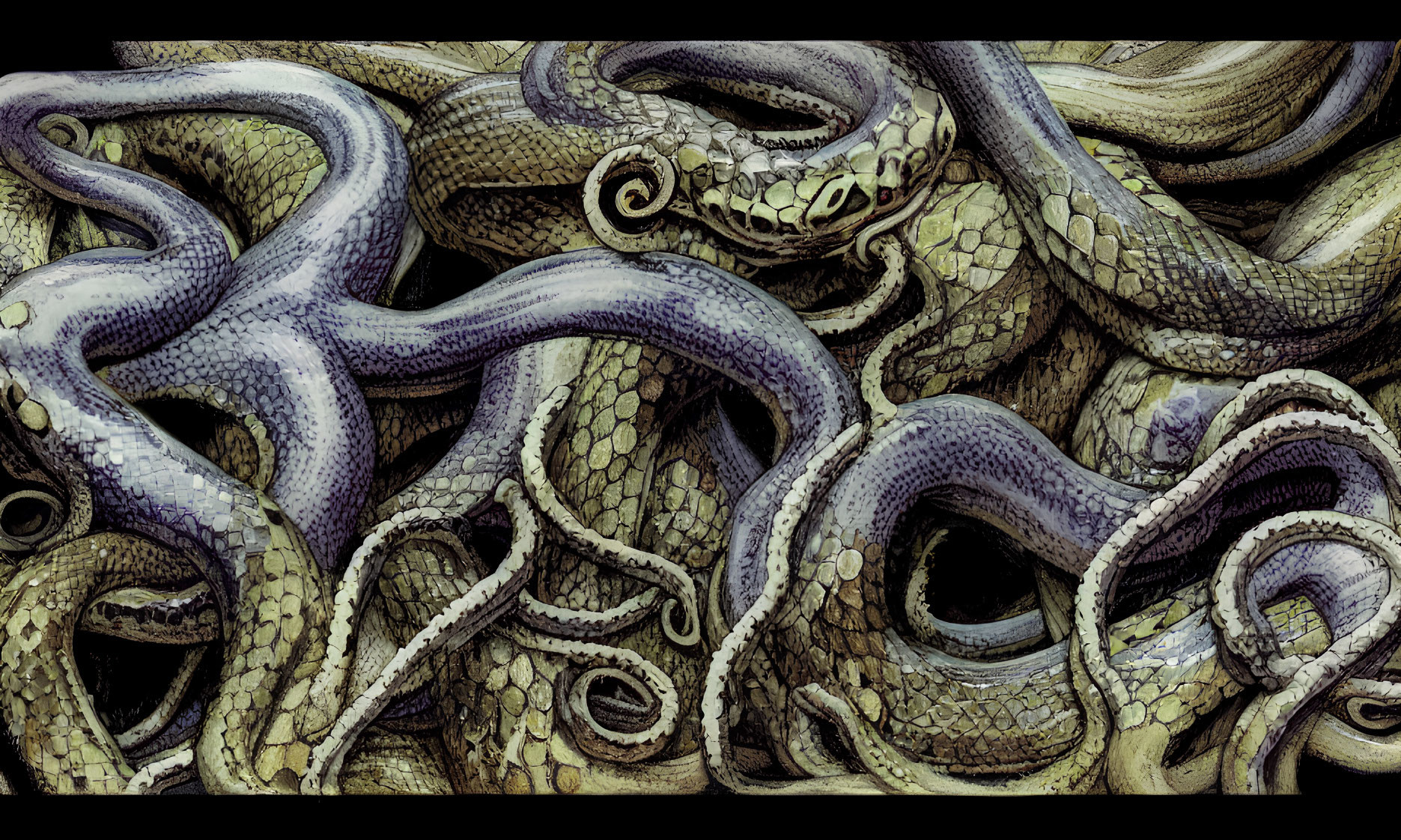 Intricate Artwork of Entwined Serpents and Tentacles in Purple and Beige