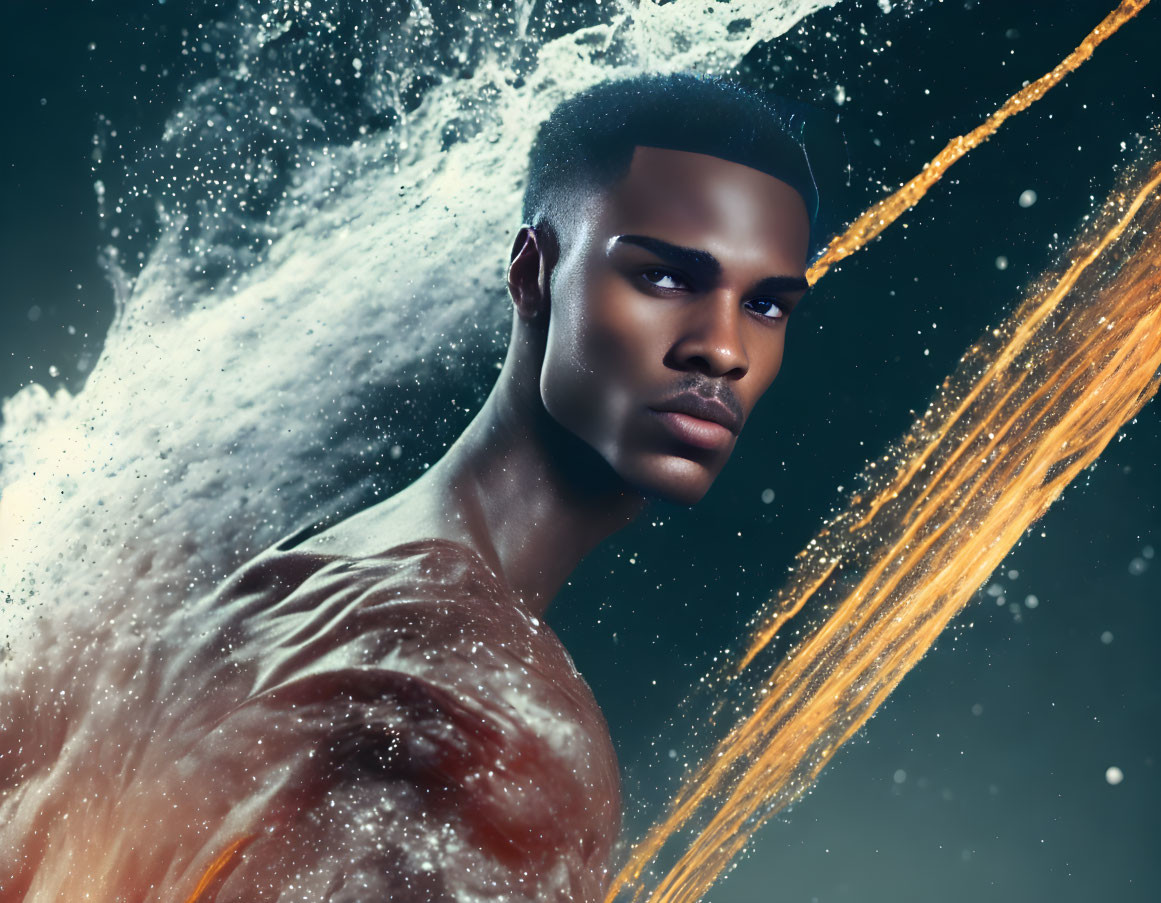 Intense man amidst water splashes and golden light against dark backdrop