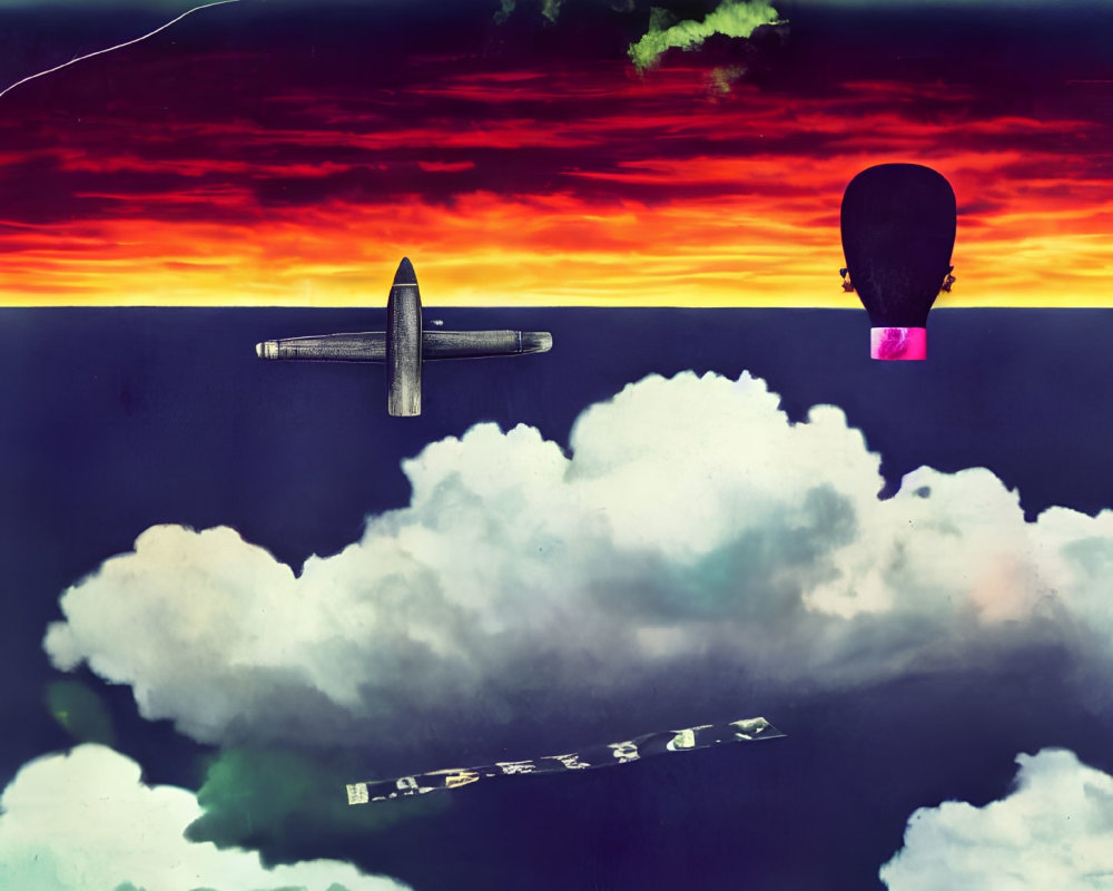 Surreal artwork of split sky dreamscape with flying elements