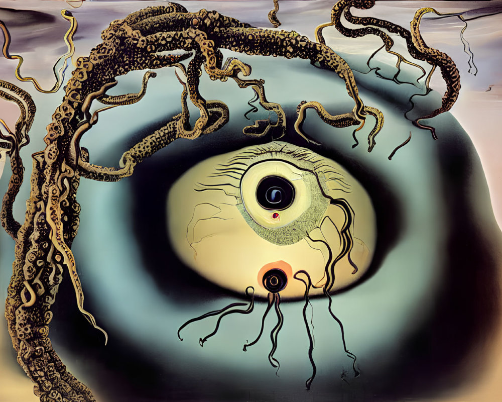 Surreal painting: Giant eye with snake-like creatures on moody background
