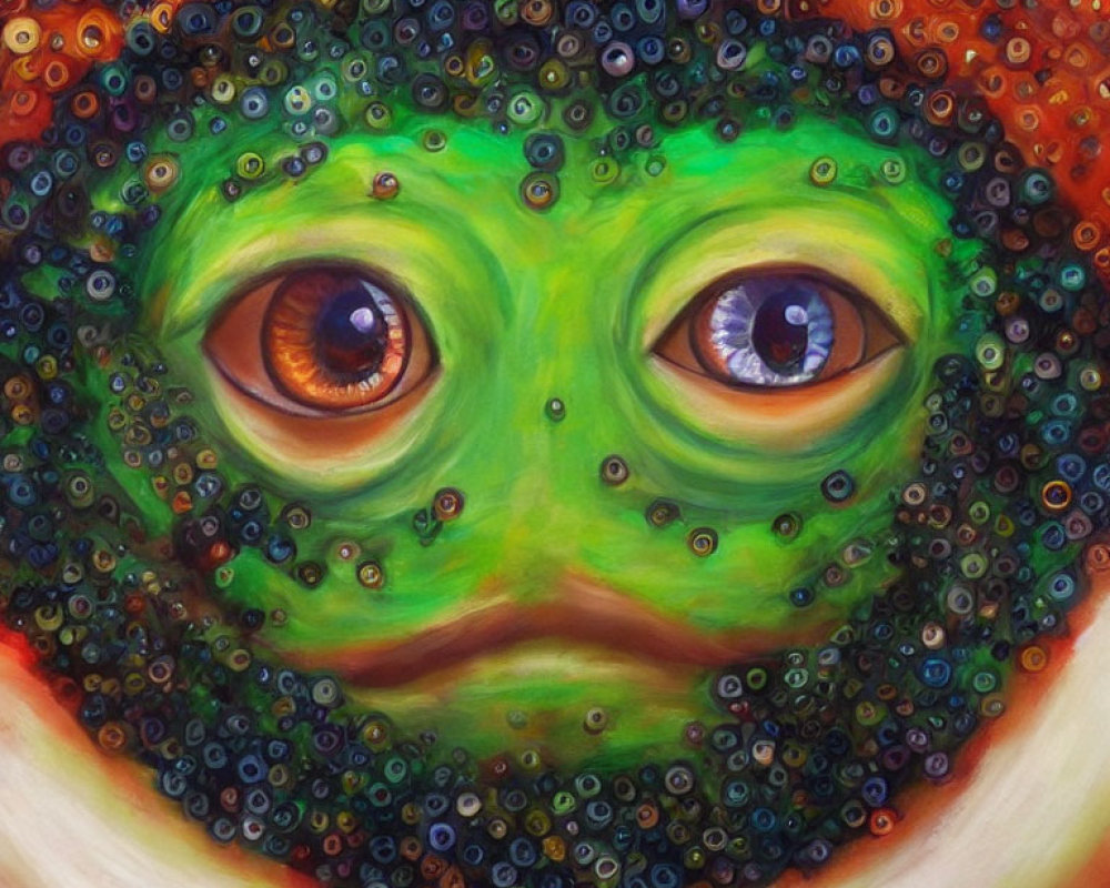 Vibrant-eyed face painting with textured green skin and colorful circles