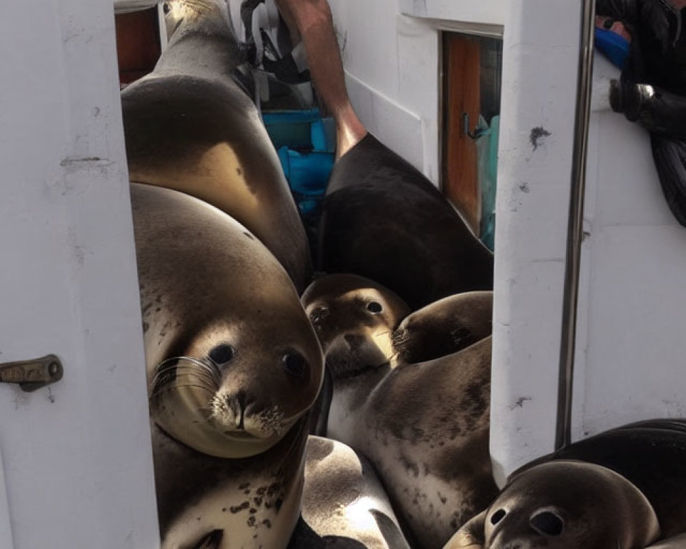 Seals Packed on Boat with Curious Onlookers