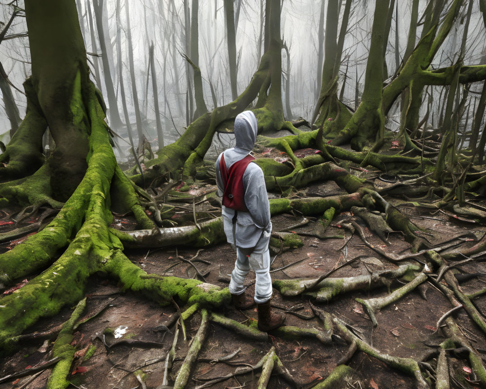 Person in Hoodie Standing in Eerie Forest with Moss-Covered Roots