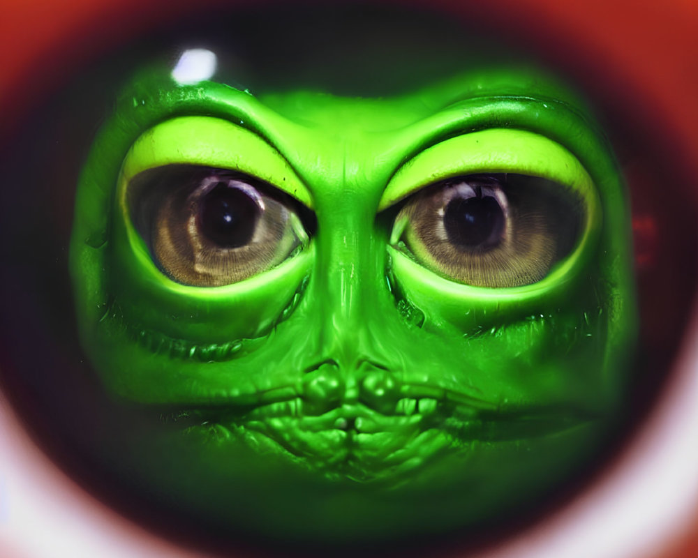 Detailed Close-Up of Green Alien Face on Orange-Red Background