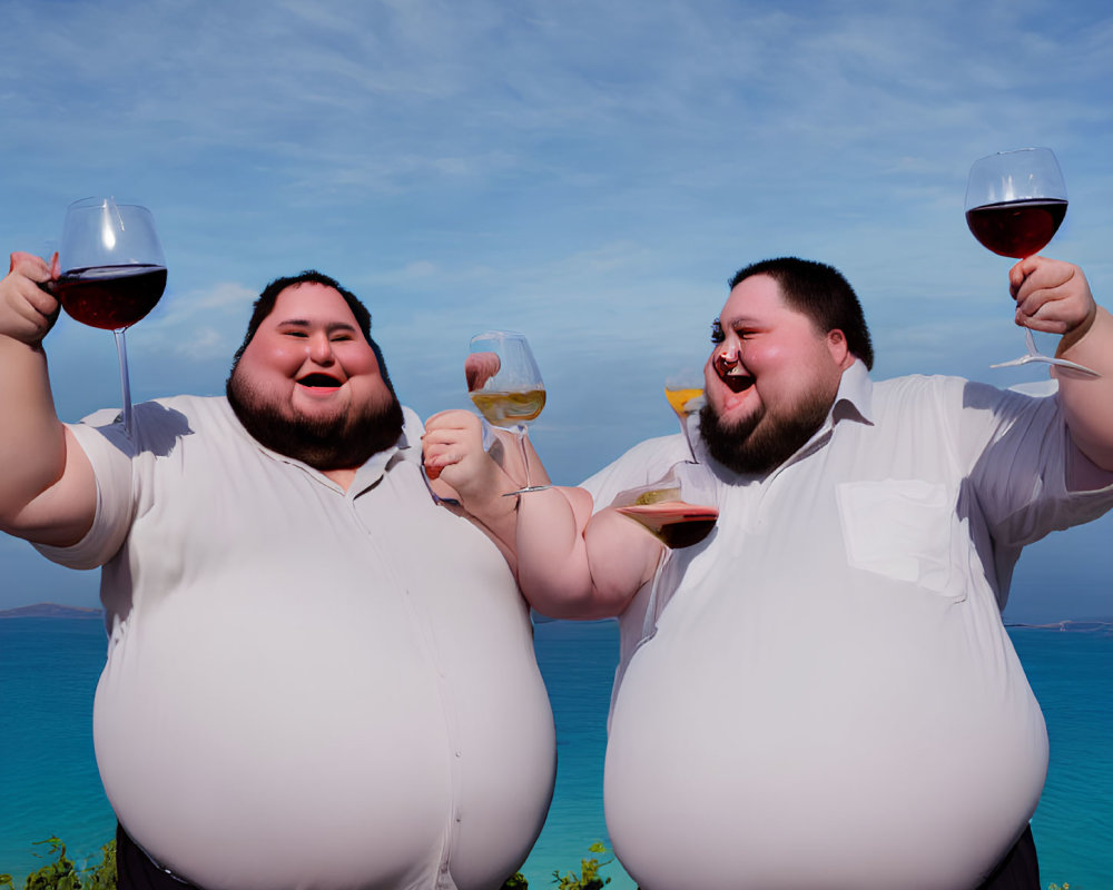 Cheerful individuals clinking oversized wine glasses by the sea