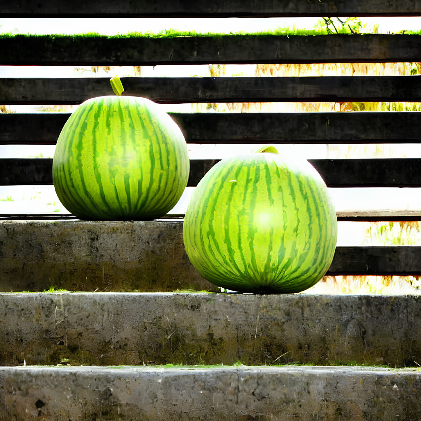 Ripe watermelons on outdoor concrete steps under sunlight.