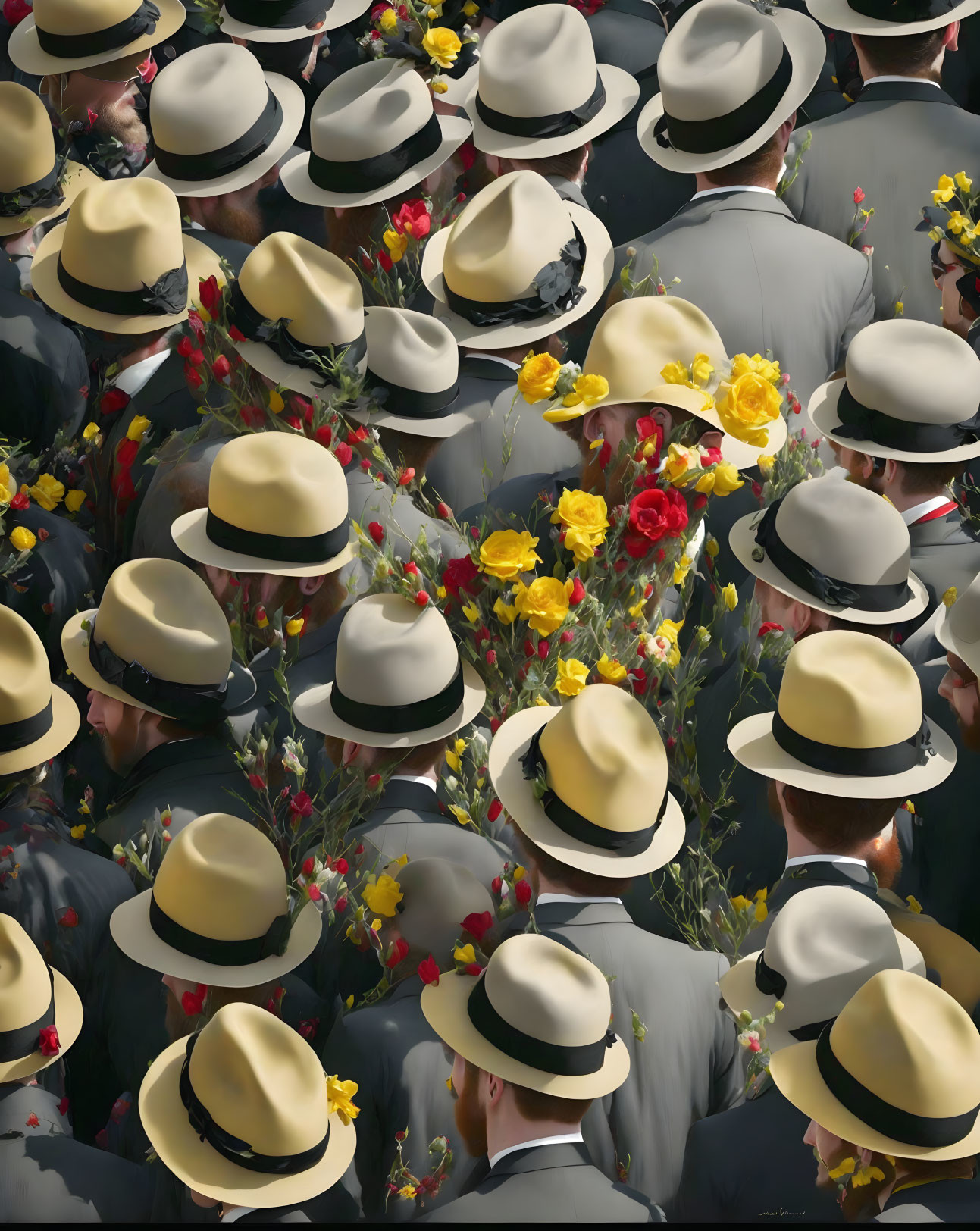 Crowd in Grey Suits with Colorful Flower Hats