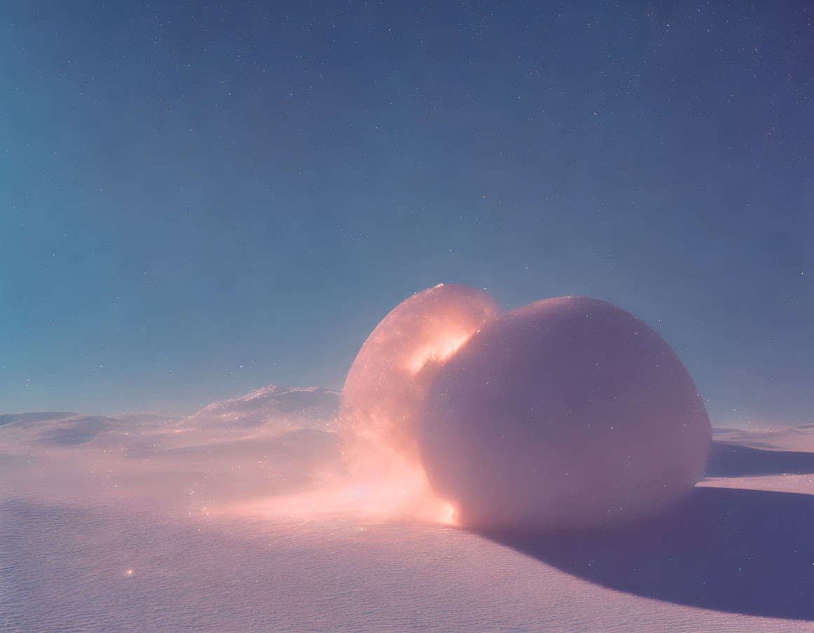Surreal snow-covered landscape with celestial spheres in starry sky