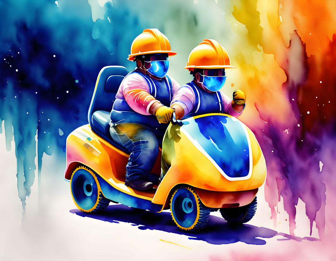 Colorful scooter ride by animated characters in helmets and visors against vibrant watercolor backdrop