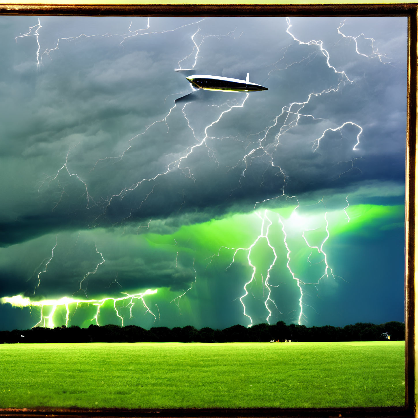 Glider flying amidst lightning strikes and storm clouds in greenish hue