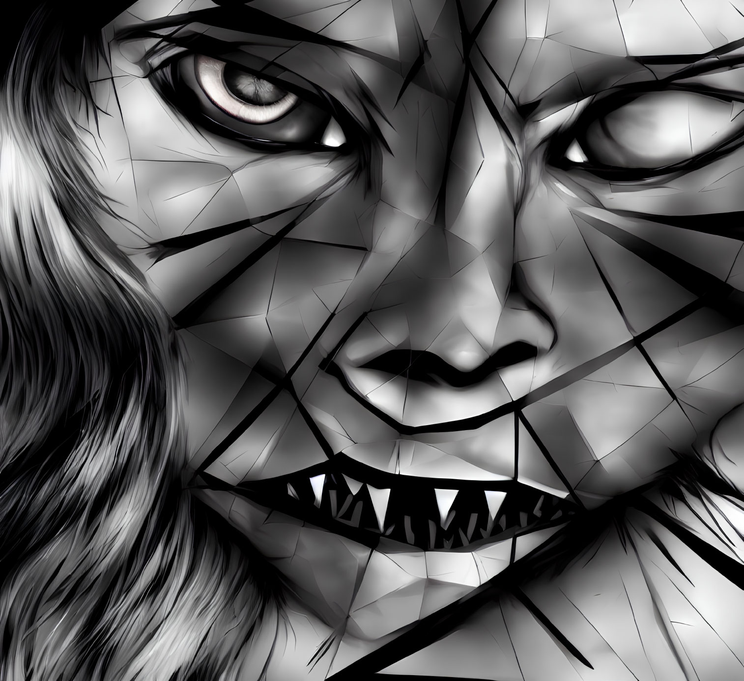 Monochrome digital artwork of fragmented feline face with sharp teeth and intense eyes.