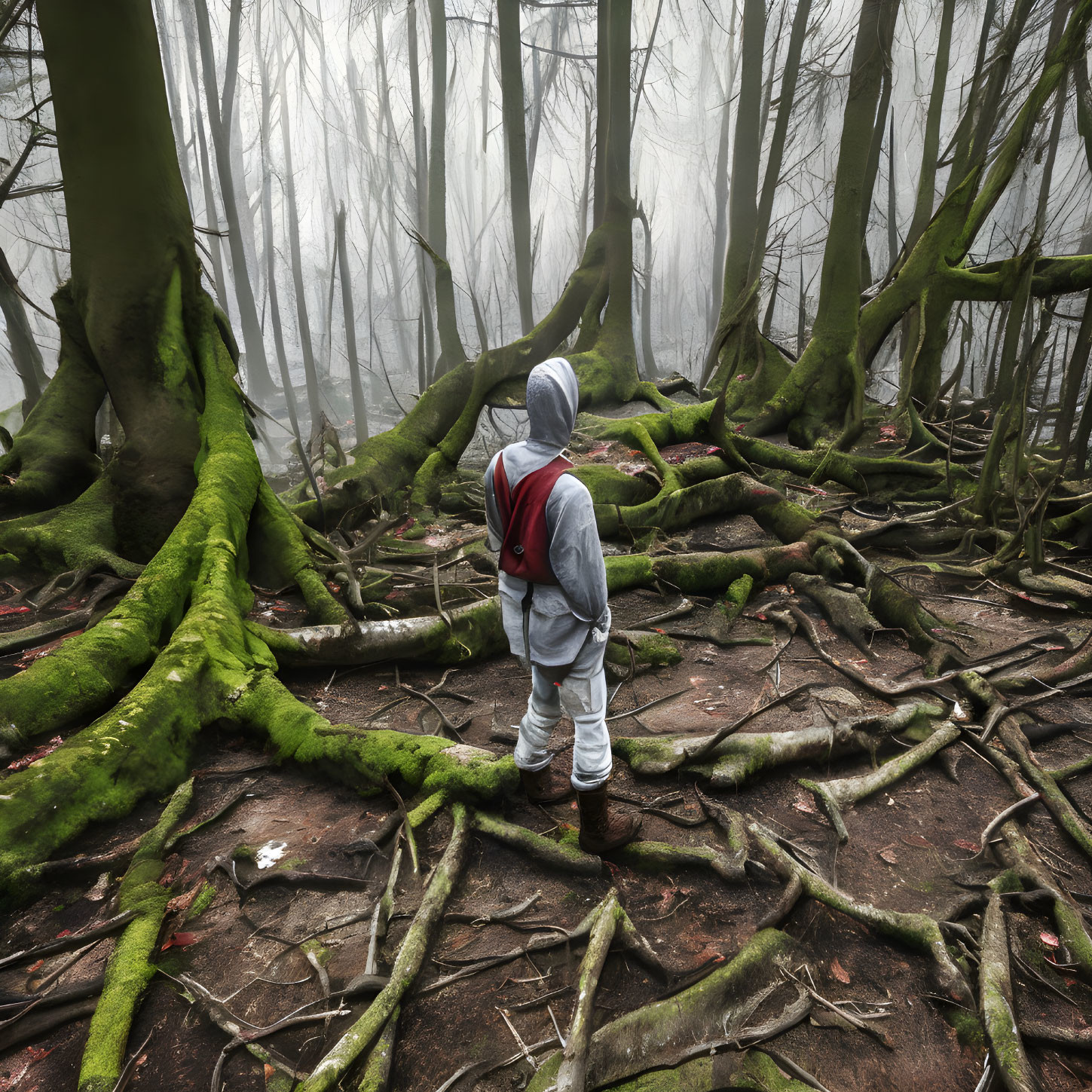 Person in Hoodie Standing in Eerie Forest with Moss-Covered Roots