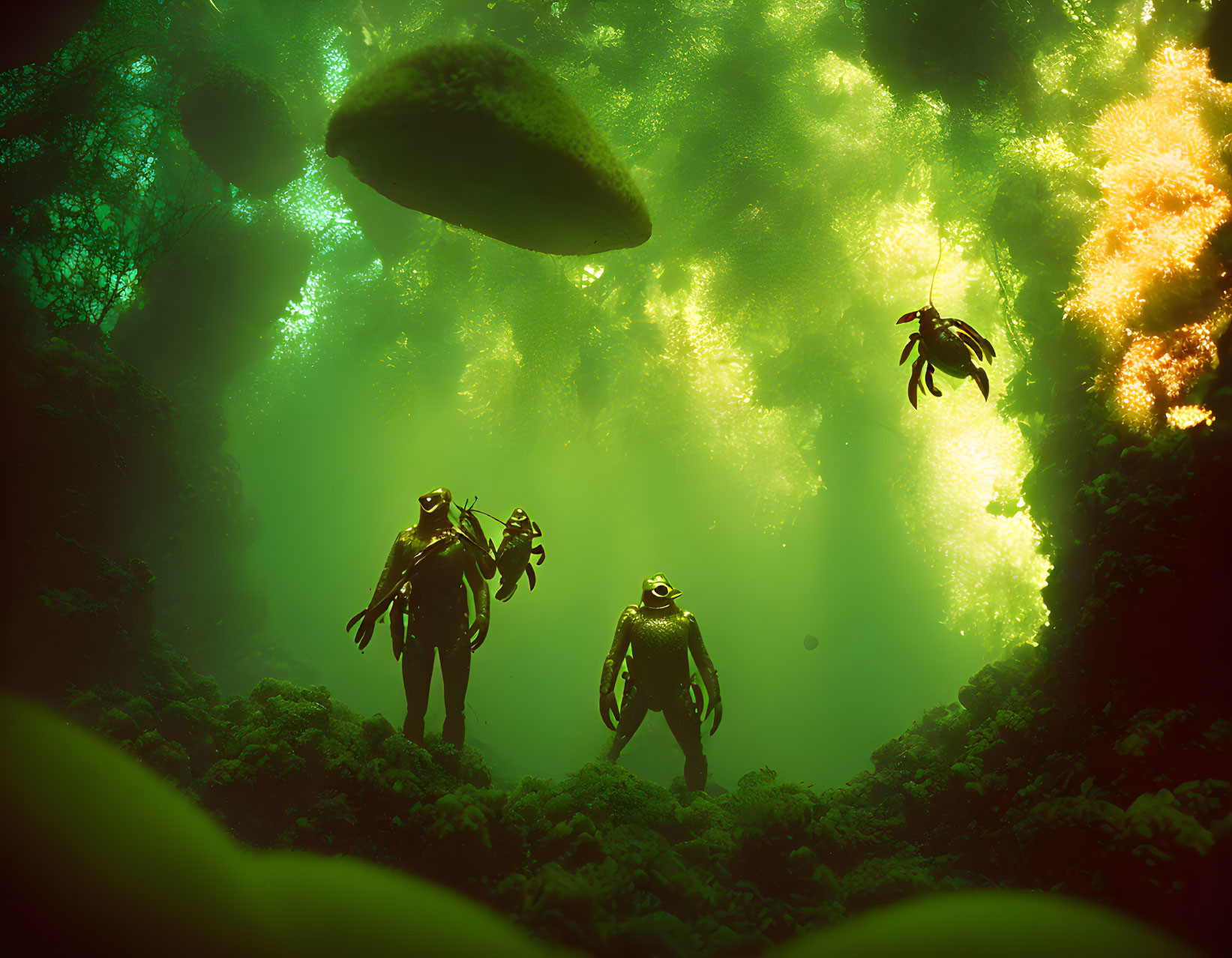 Vibrant underwater scene with colorful corals, divers, and mystical green glow