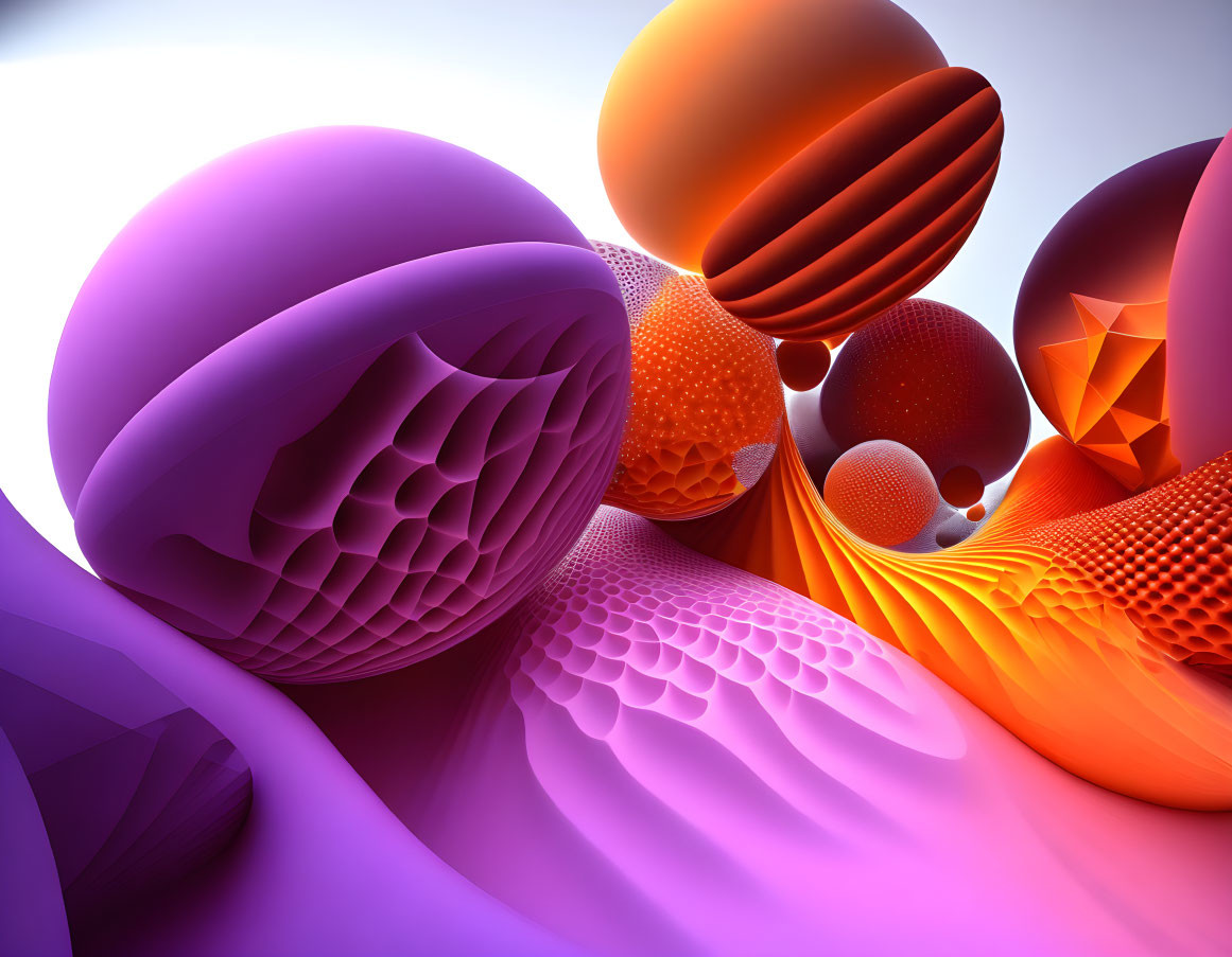 Colorful 3D abstract artwork with textured spheres in purple and orange hues on wavy surface