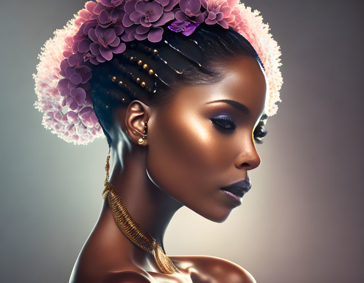 Profile view of woman with floral headdress and elegant makeup