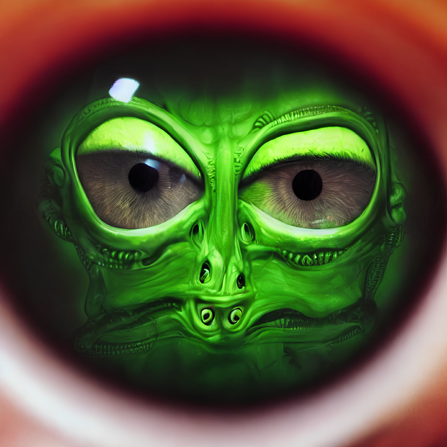 Detailed Close-Up of Green Alien Mask with Large Black Eyes in Circular Frame