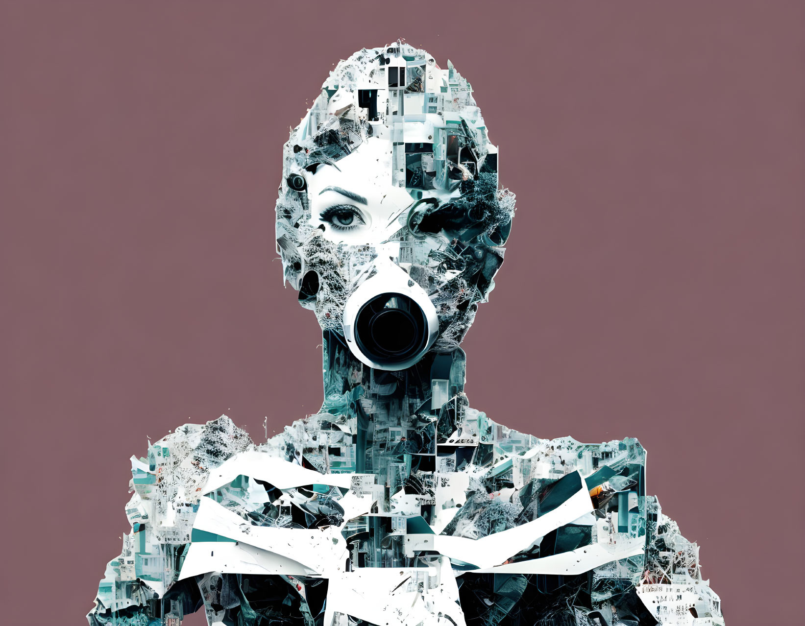 Digital artwork of female figure with fragmented features symbolizing robotic entity