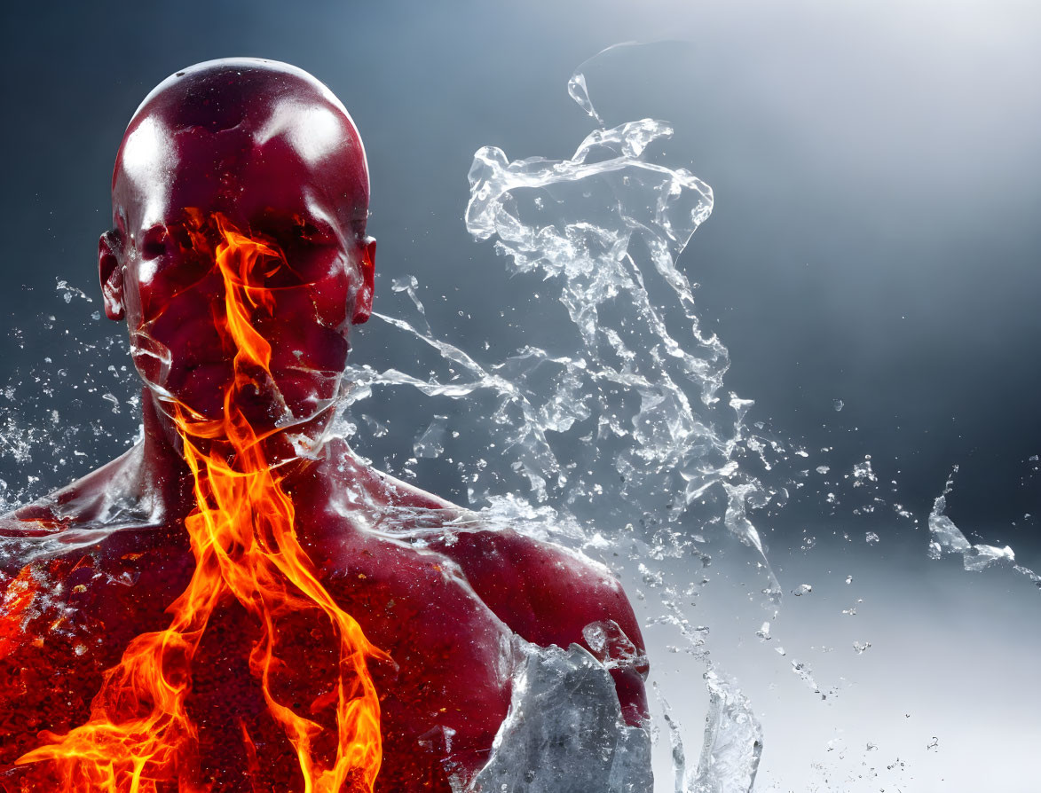 Digital artwork featuring human figure as fire and water elements