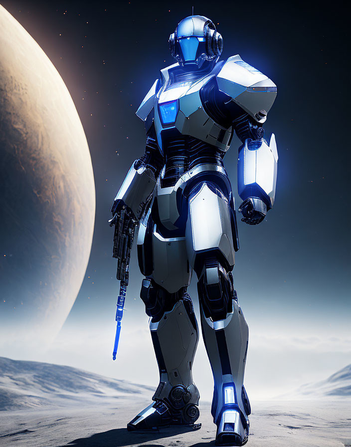 Futuristic blue and white robot on barren moon-like surface with large planet.