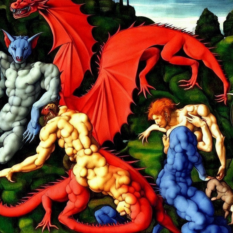 Colorful painting of muscular humanoids with red dragon
