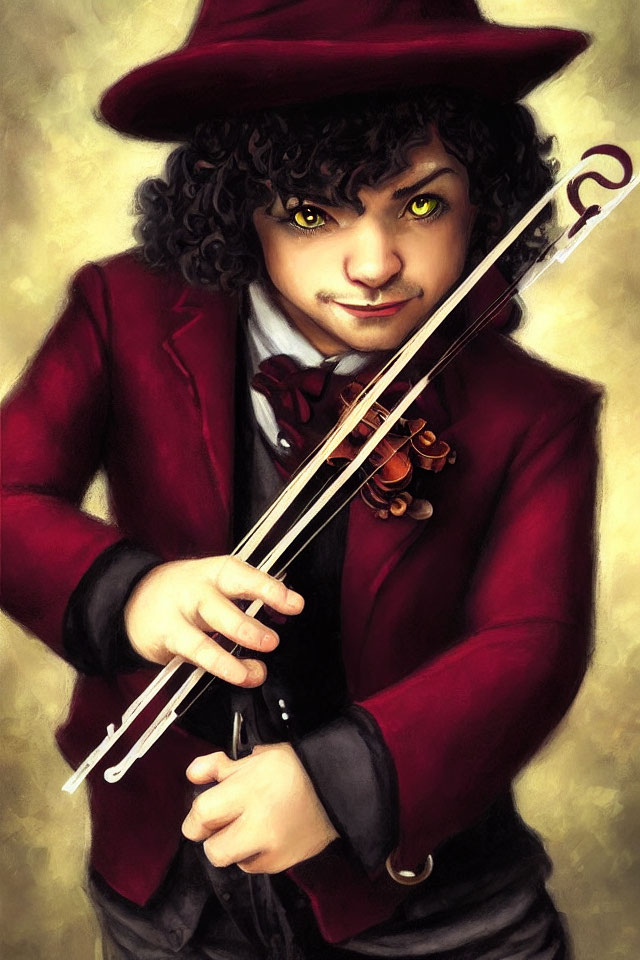 Illustration of person with curly hair, green eyes, holding violin in red suit and hat
