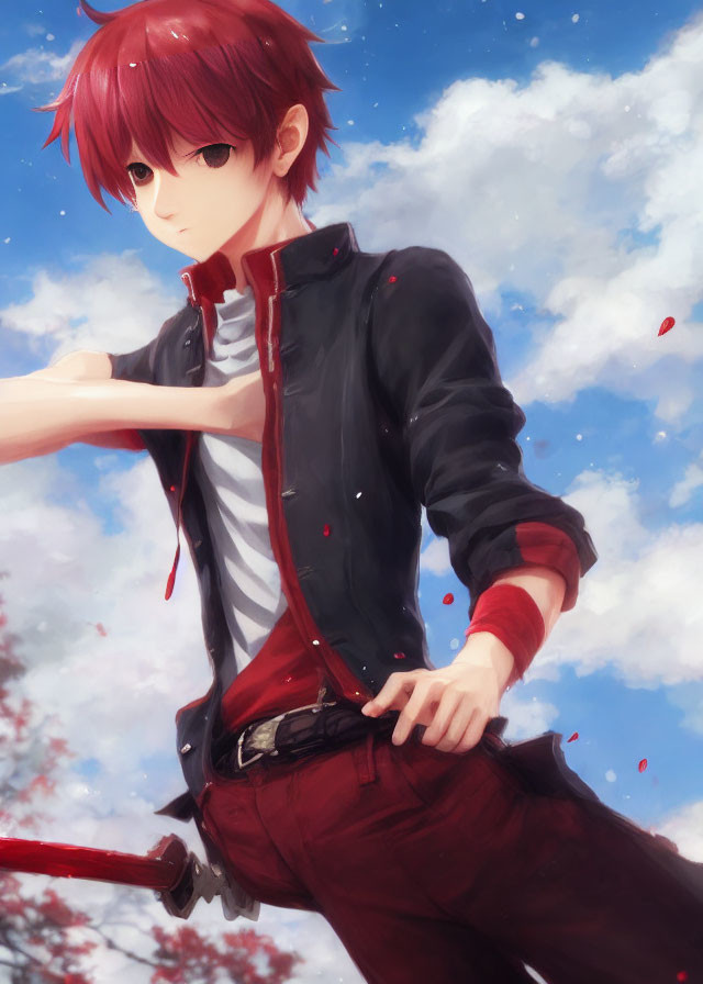 Digital illustration: Young individual with red hair and black jacket in front of blue sky with red petals.