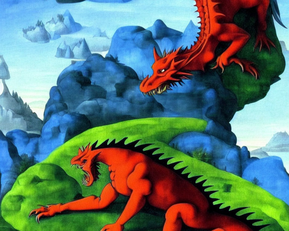 Red Dragons Perched on Green Foliage with Blue Mountains Sky