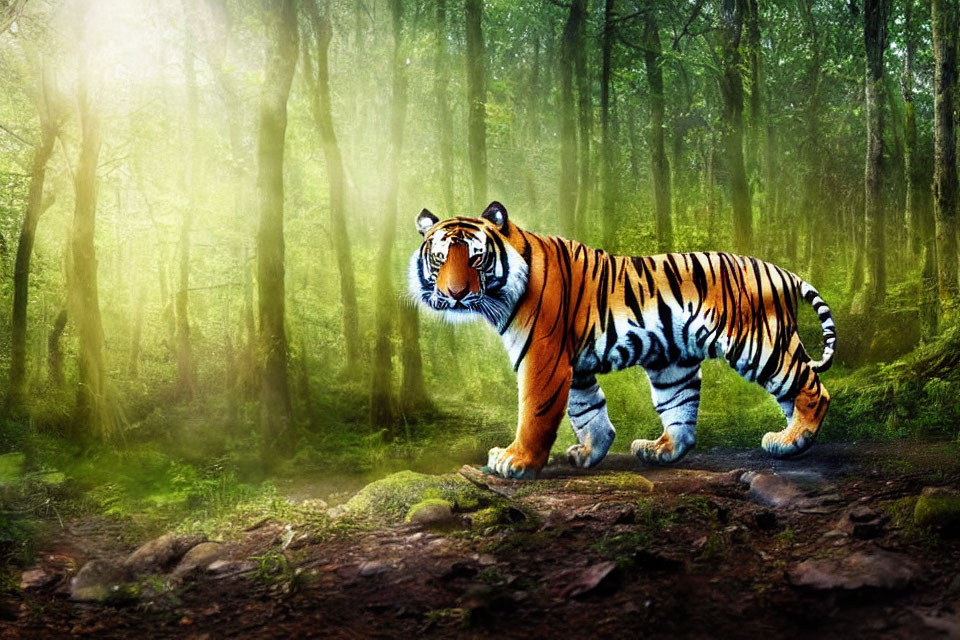 Majestic tiger in sunlit forest with green trees & rocks