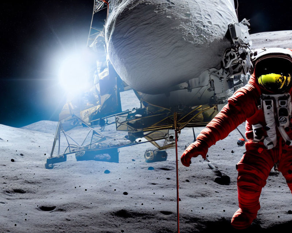 Astronaut in red and white suit on moon with Earth backdrop