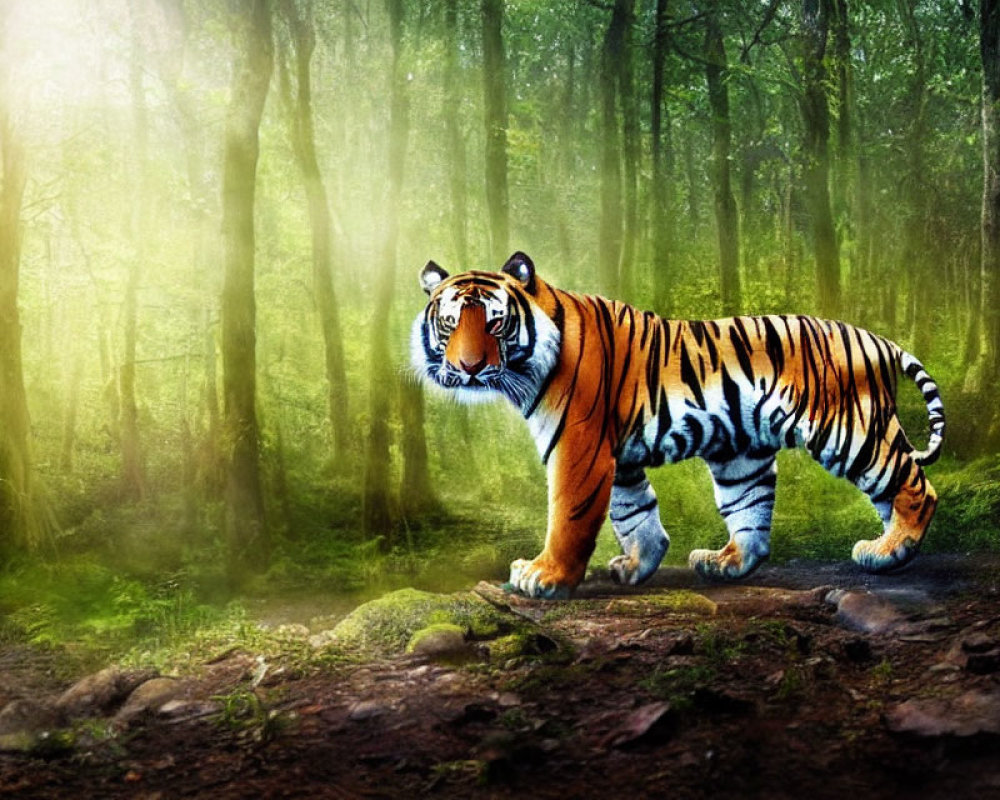 Majestic tiger in sunlit forest with green trees & rocks