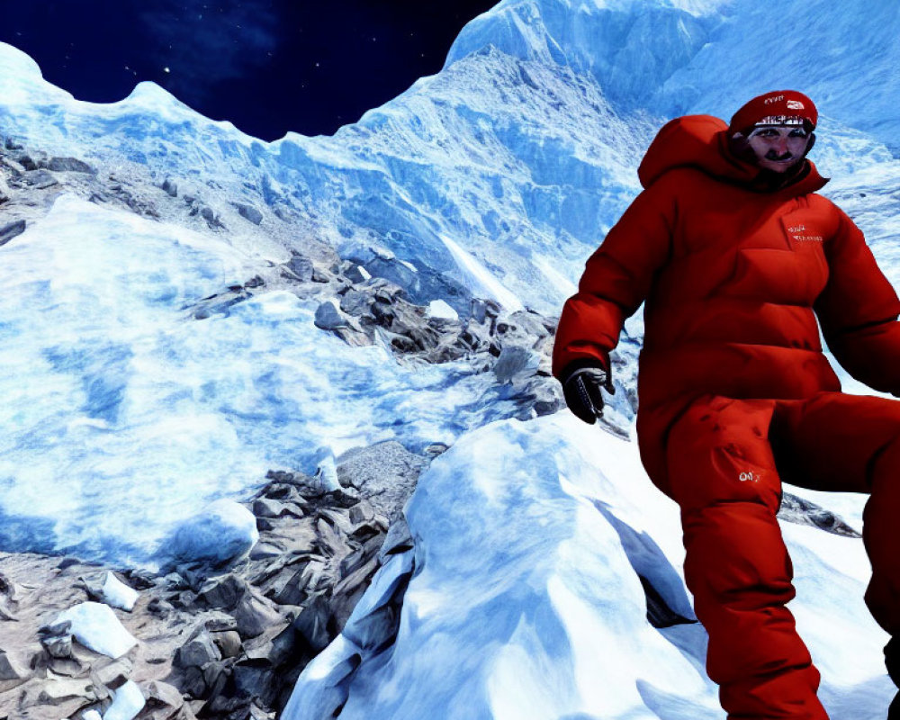 Person in red winter gear climbing snowy mountain under clear blue skies.