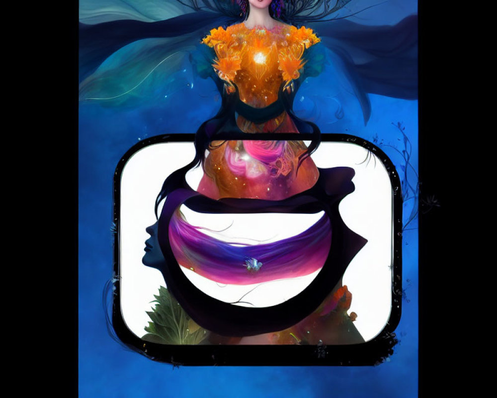 Surreal artistic image of woman silhouette with cosmic scene and floral head