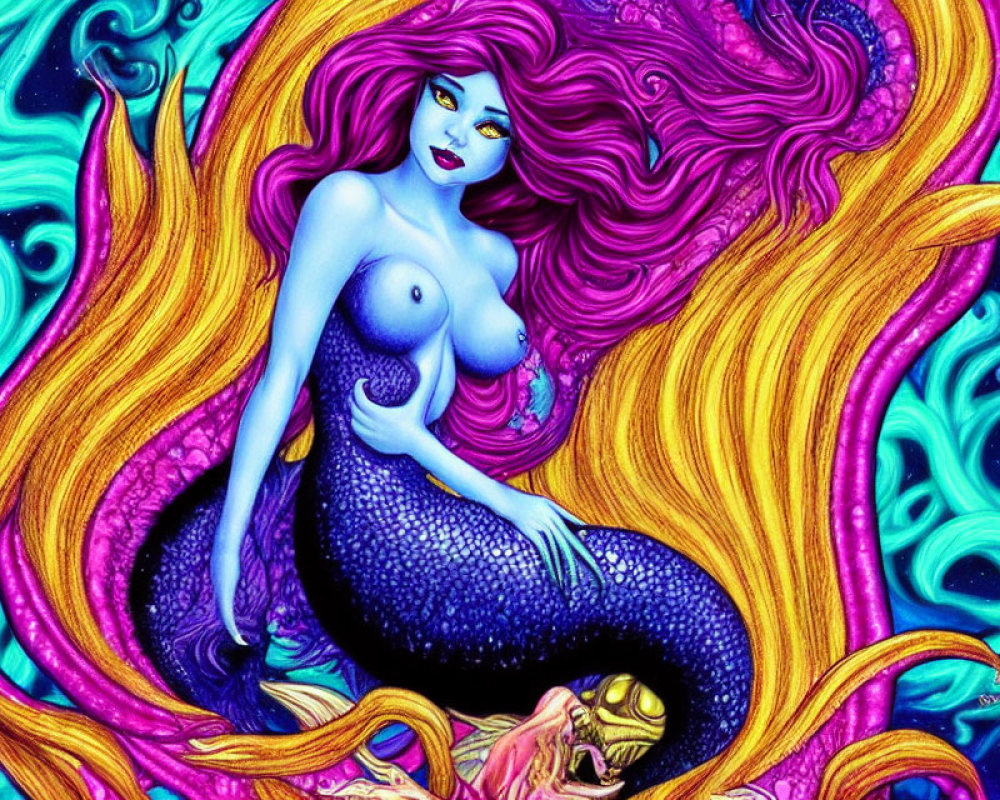 Colorful Mermaid Illustration with Pink Hair and Blue Tail