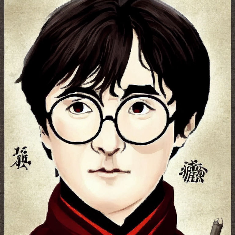 Illustrated portrait of young man with round glasses, messy hair, red and black scarf